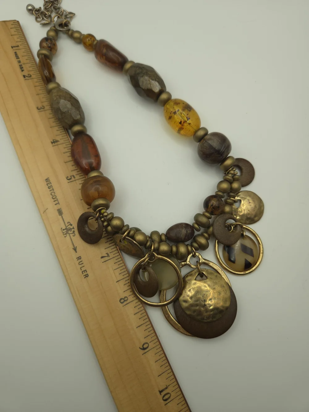 Chico's Multi-Media Bead Amber Brass Disc Brown Layered Necklace Rustic Boho Art